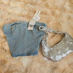 JEWELED ZARA DENIM LIMITED EDITION JEWELED DENIM CORSET ZARA HOLIDAY DENIM
